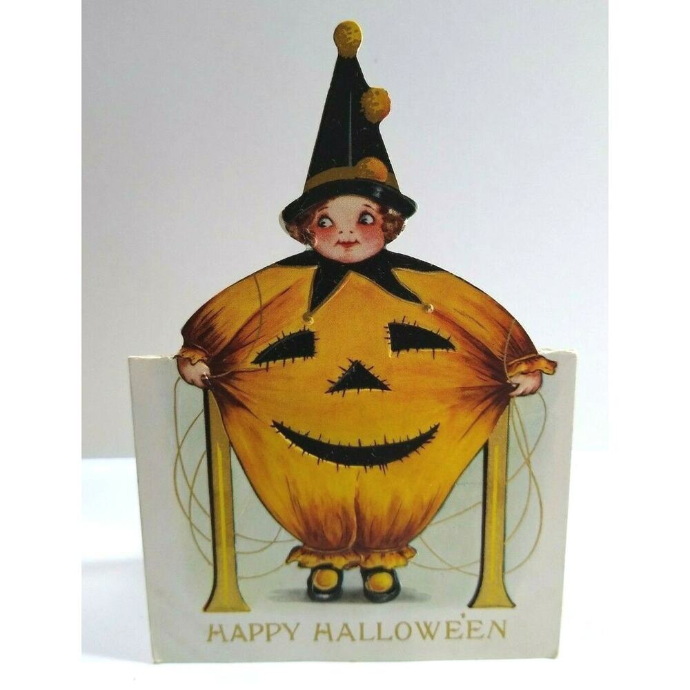 Whitney Halloween Postcard Antique Die-Cut Standup Clown Girl Pumpkin Costume